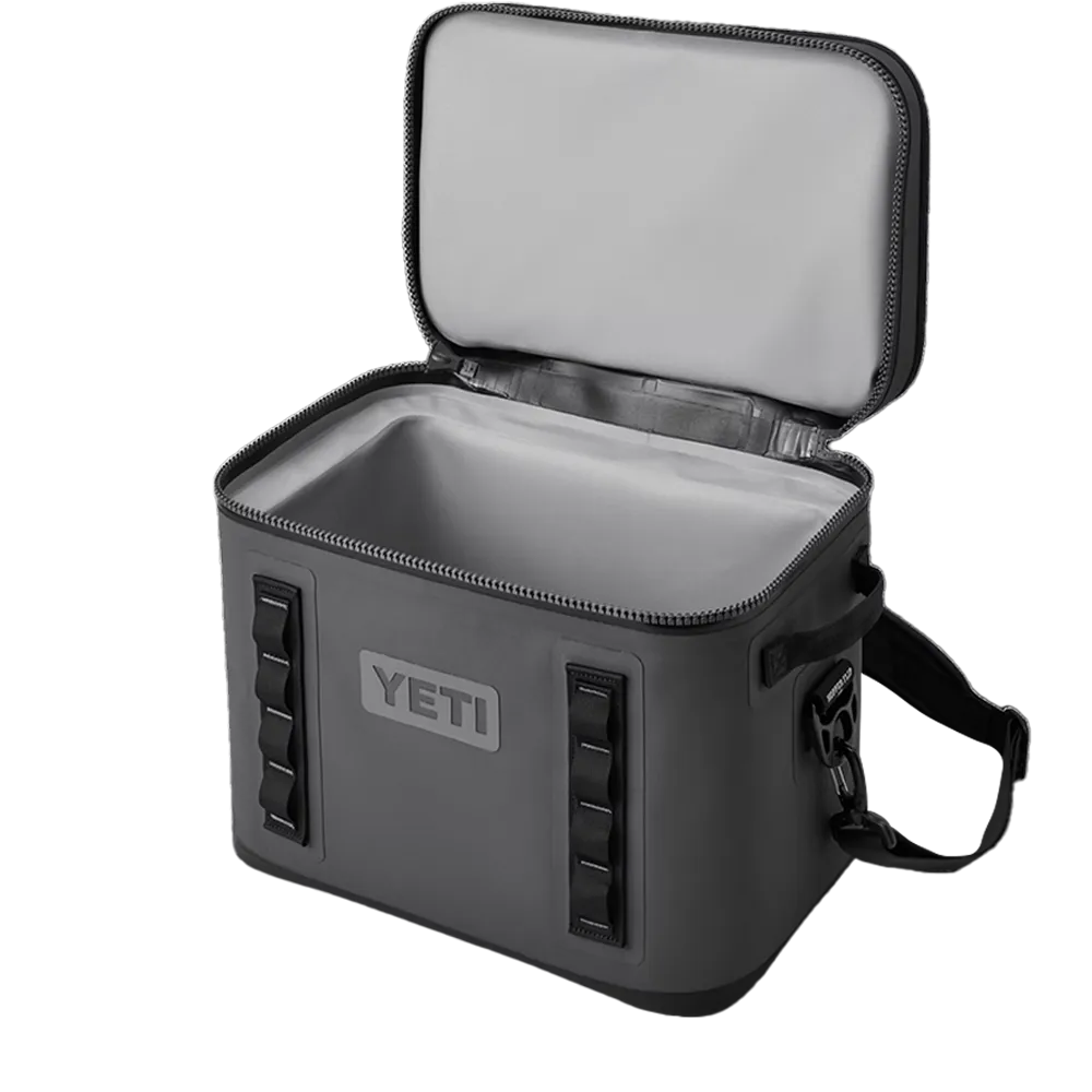 Yeti Hopper 18 Can Soft Cooler angled profile to have internal view in charcoal 