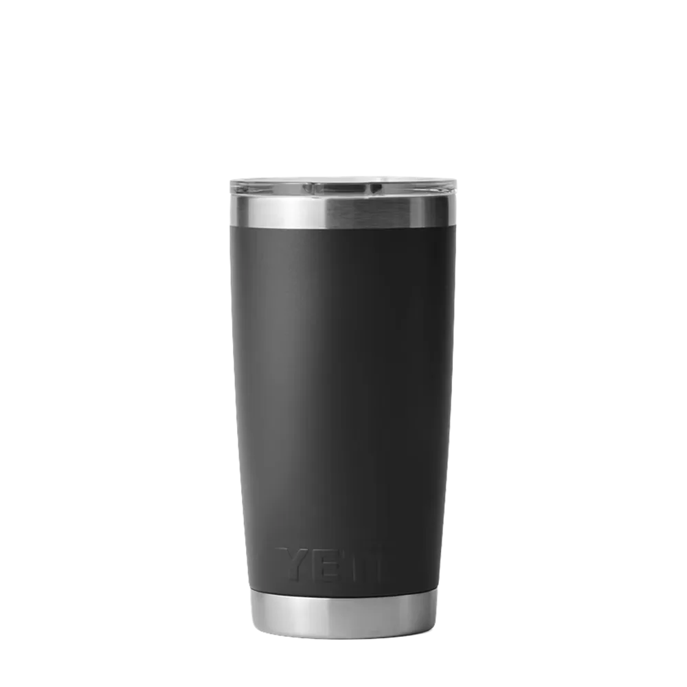 A black YETI Rambler 20 oz tumbler with a stainless steel rim and a MagSlider lid. 